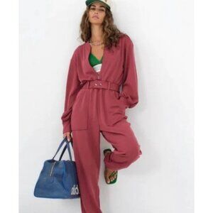 For Love & Lemons Cinched Jumpsuit Zip Front Belted Pockets NWT XS